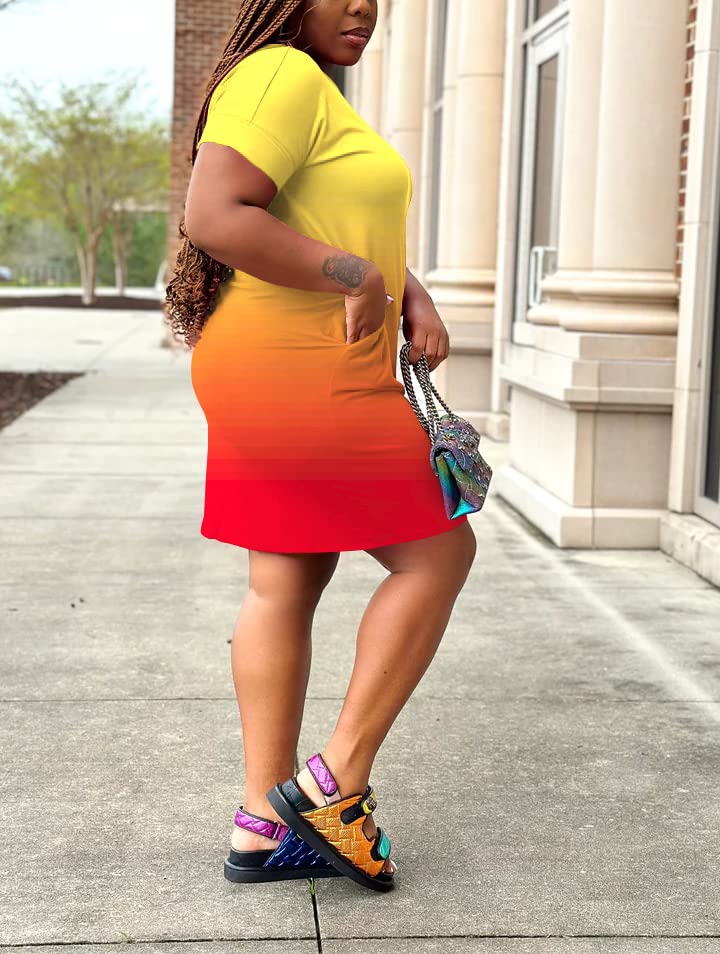 Image of PINSV Women Plus Size Summer Casual T Shirt Dresses Short Sleeve Tunic Dress with Pockets Yellow Gradient 4XL1