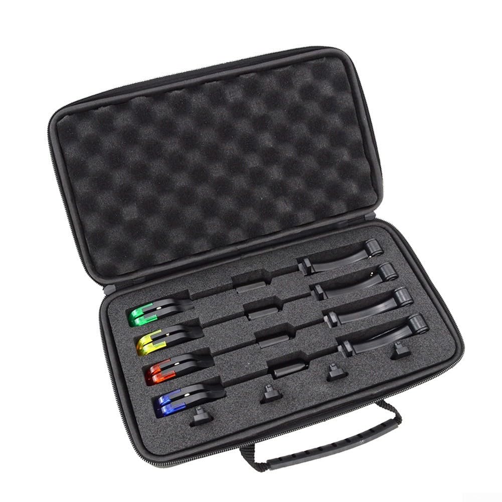 Lot de 4 détecteurs de touche pour pêche à la carpe avec indicateurs lumineux LED, siège de base amovible, dessus de boule magnétique, 2,5 mm, rouge, bleu, jaune, vert pour la nuit