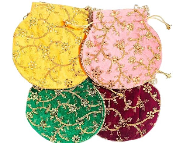 Manvi Enterprices Potli | velvet Handbags for women | Embroidered Women Potli Bag | Traditional Indian Goody Bags | Drawstring Bags for Wedding | Pack of 5 | Multicolor-image-40