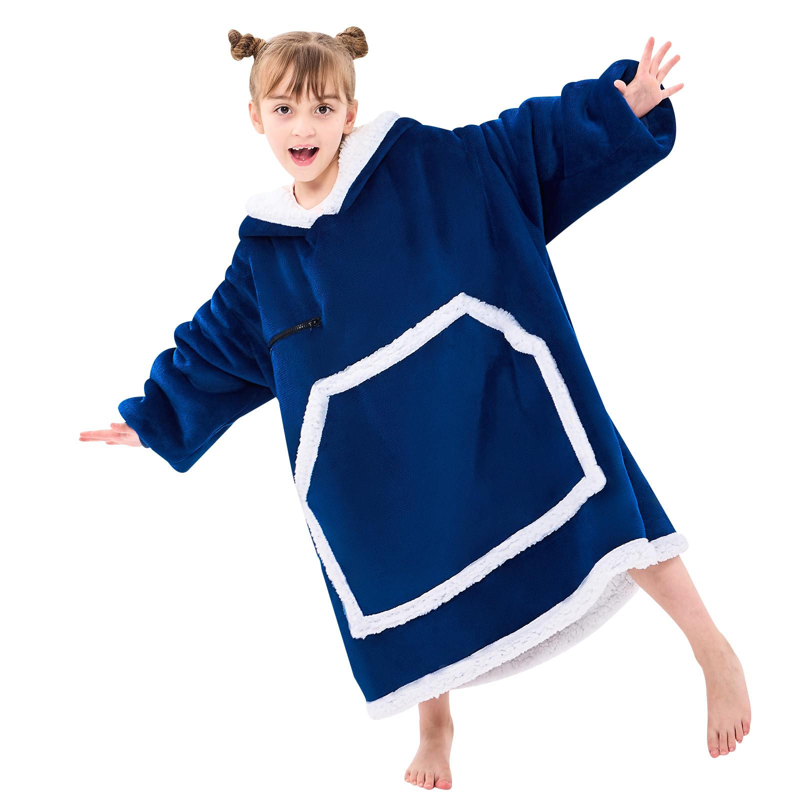 IFNOW Wearable Blanket Hoodie for Kids, Blanket Hoodie for Kids with Hood and Pockets, Girls Oversized Hoodie Blankets As Gift for Teens Girls Boys Birthday Christmas (Navyblue)