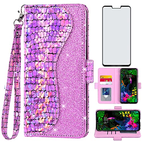 Asuwish Phone Case for LG G8 ThinQ Wallet Cover with Screen Protector and Wrist Strap Flip Credit Card Holder Bling Glitter Stand Cell LGG8 Thin Q G 8 LG8 G8thinq LGG8thinq 8G Women Girls Pink
