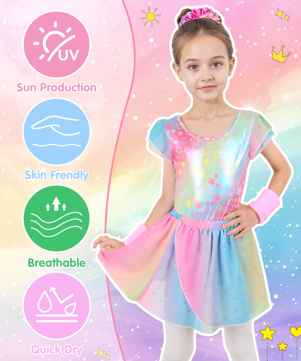 Maillot Gimnasia Rítmica Niña Conjunto 5 Piezas Sin Mangas Falda Cinta Cabello Muñequeras Ballet 4-9 Años