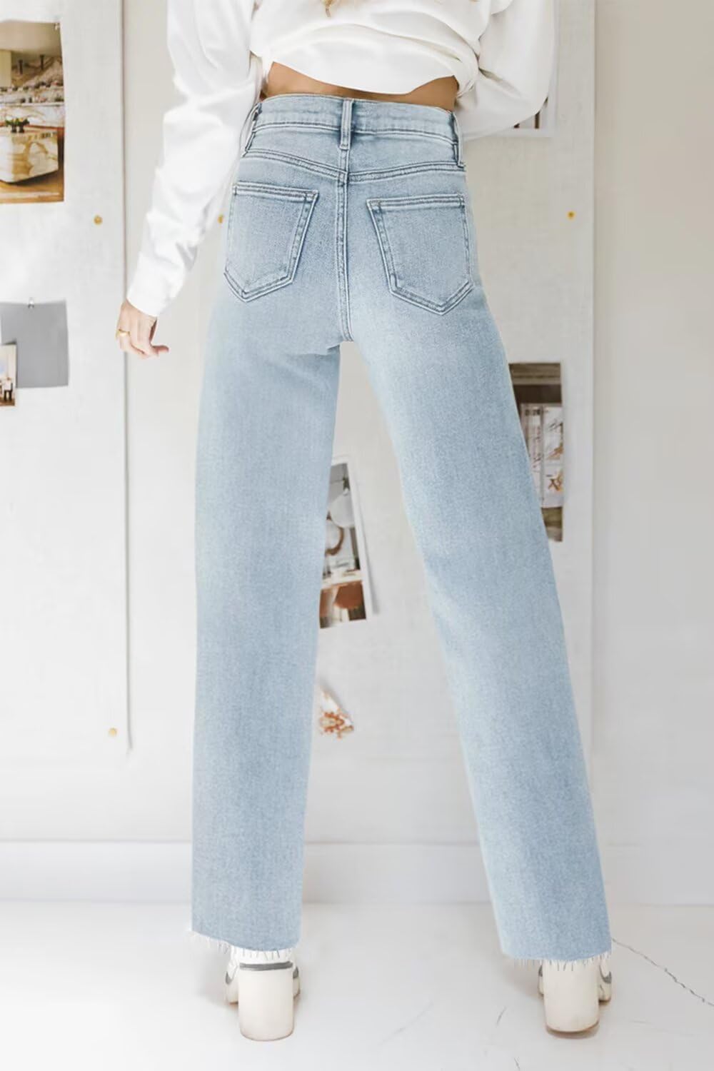 KDF Straight Leg Jeans for Women High Waisted Jeans Frayed Baggy Pants Raw Hem Loose Stretchy Cropped Wide Leg Jeans