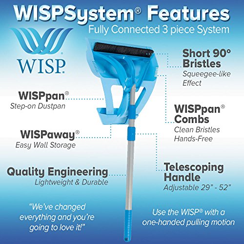 WISPsystem Best 90 Degree Angle One-Handed Broom with Dustpan and Telescoping Handle w/Bristle Seal Technology (Blue)