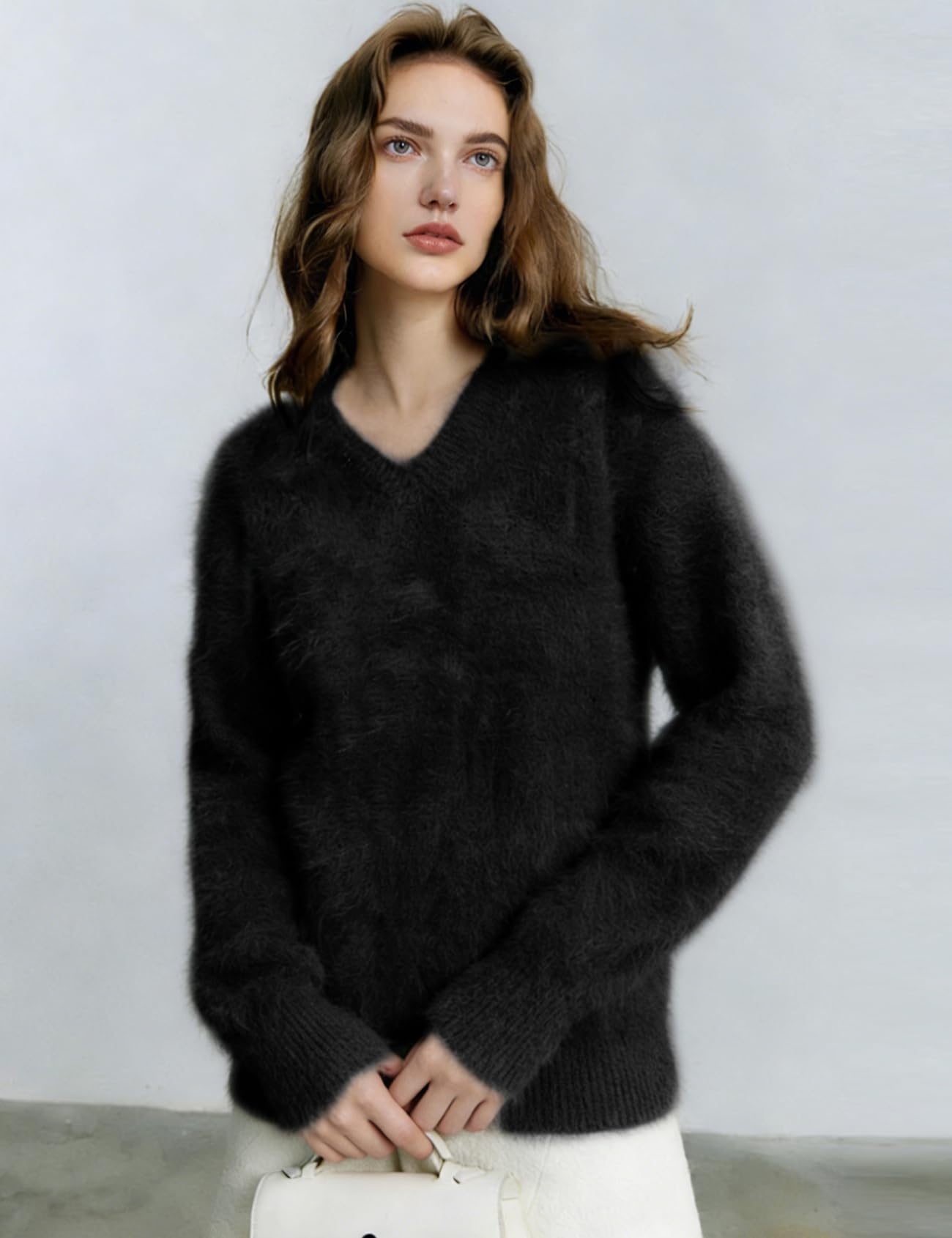 Yimoon Fuzzy-Pullover für Damen, V-Ausschnitt, langärmelig, weich, grob, locker, flauschiger Pullover