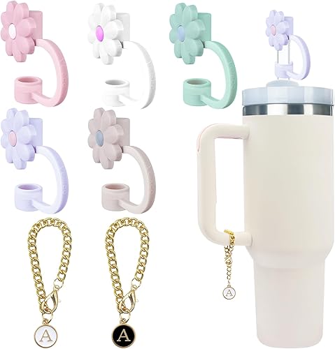 Miniatura 9 de 5 tapas de silicona para popote y 2 accesorios de dije de letra A, cadenas con letra inicial A para vaso Stanley 20, 30, 40 onzas con asa