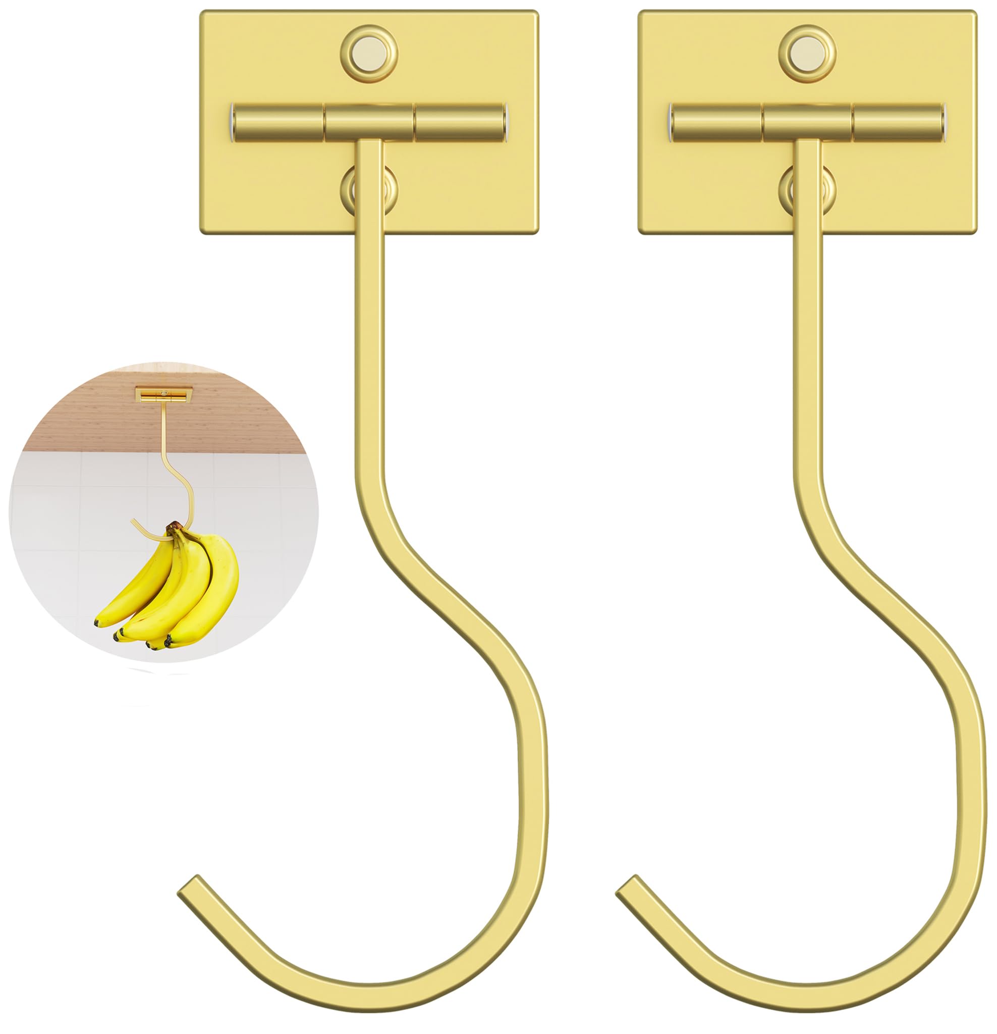 2-Pack Self Adhesive Banana Hook, Metal Banana Hanger Hook,Under Cabinet Hook for Bananas Or Other Kitchen Items, Foldable Banana Hook, Folds Up with Magnets When Not in Use, Keep Bananas Fresh,Gold