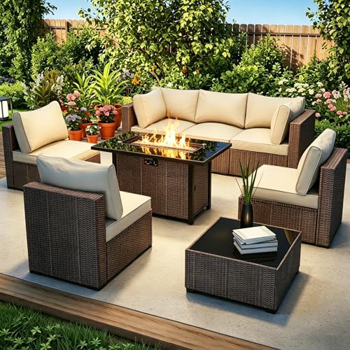 8 Piece Patio Furniture Set with Fire Pit Table, Wicker Outdoor Sectional Sofa Set, Conversation Sets with Comfy, High-Resilience Foam Anti-Slip Cushions for Backyard, Garden, Deck(Brown/Beige)
