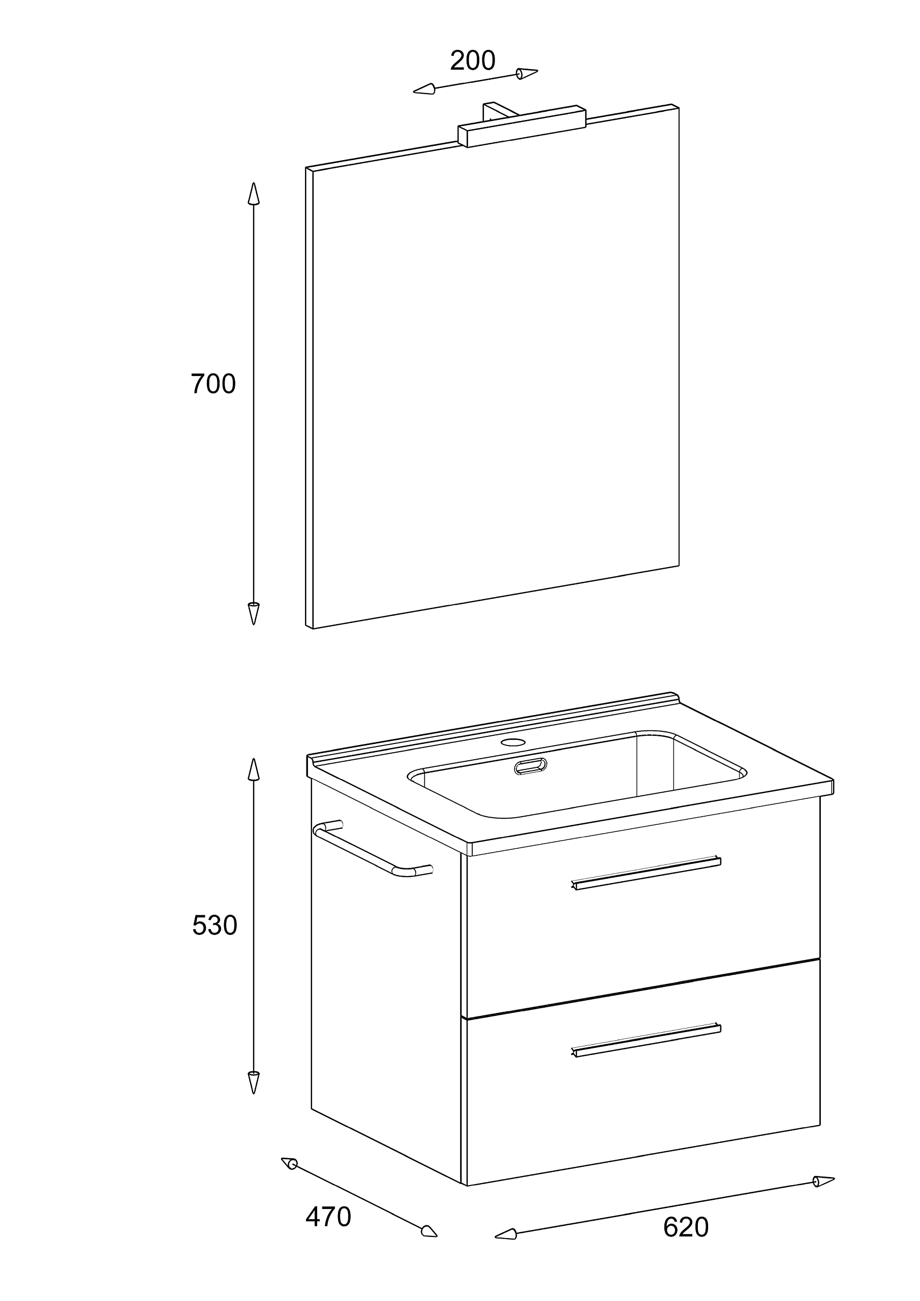 Mama Store ERA 60 - Mobile Bagno Sospeso 60 CM BIANCO LUCIDO LACCATO con Lavabo, Specchio e Lampada LED, L.62 X P.47 X H.53 cm