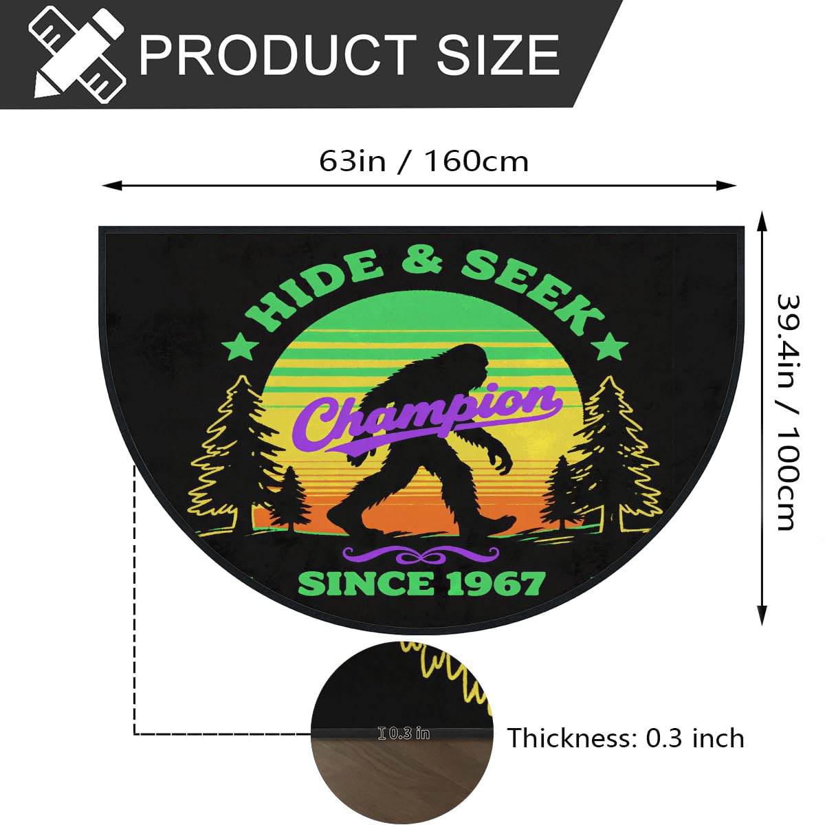 Bigfoot Hide Seek Champion große halbrunde Fußmatte – rutschfest, saugfähig, halbrund, Eingangsbereich, niedlich, weich, halbrund, waschbar, Teppich für Küche, Badezimmer, Schlafzimmer, 160 x
