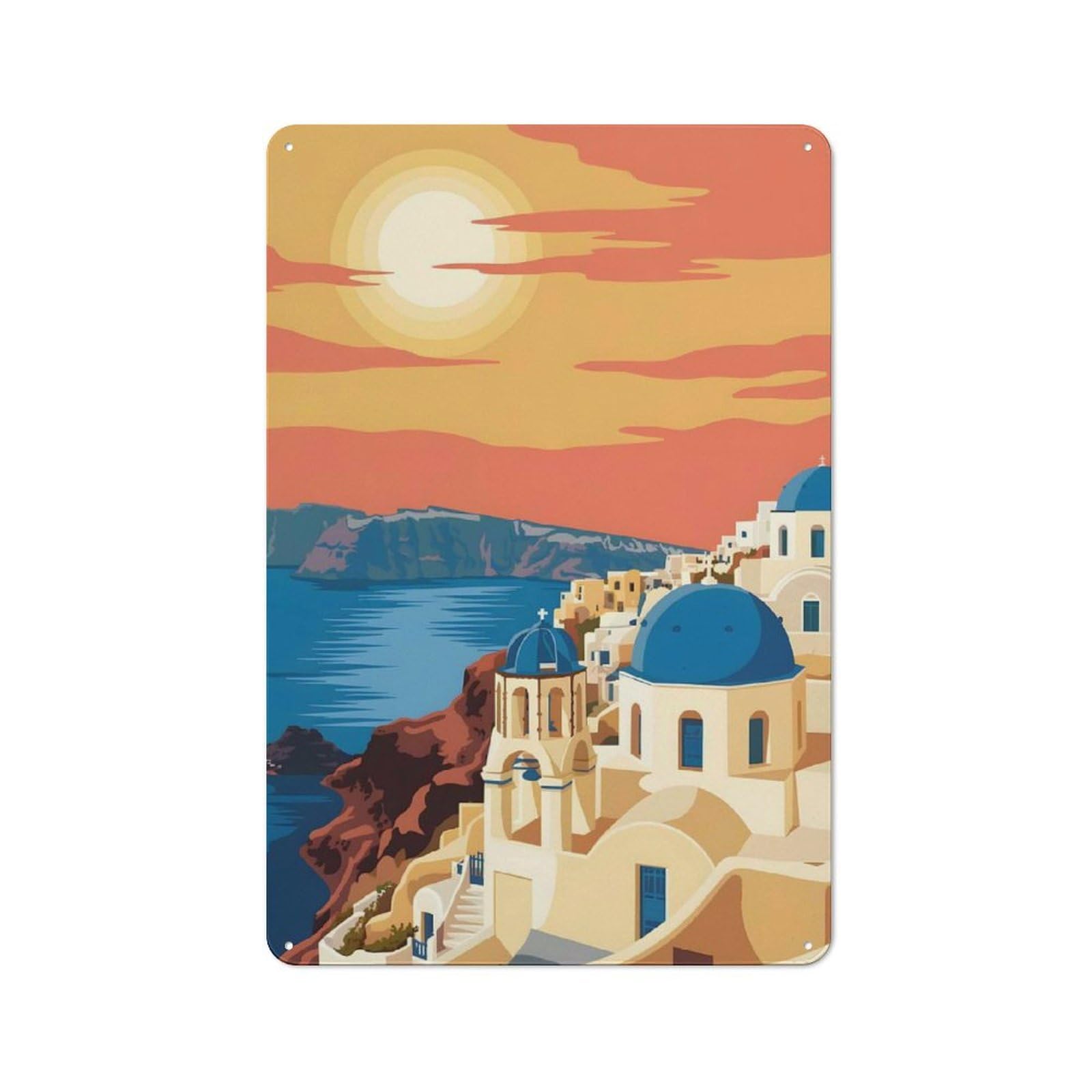 Modern Retro Decorative Metal Plaque 30x20cm Featuring Santorini Greece Travel (5), Loft Wall Plaque for Flat, Bar, Studio Or Gallery Wall