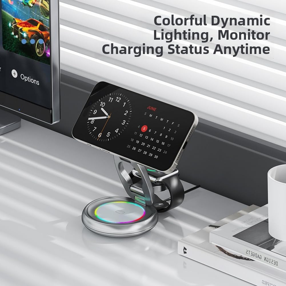 Caricatore wireless pieghevole 3 in 1 da 15 W, design dinamico regolabile per ricarica auricolari iPhone Watch (grigio)