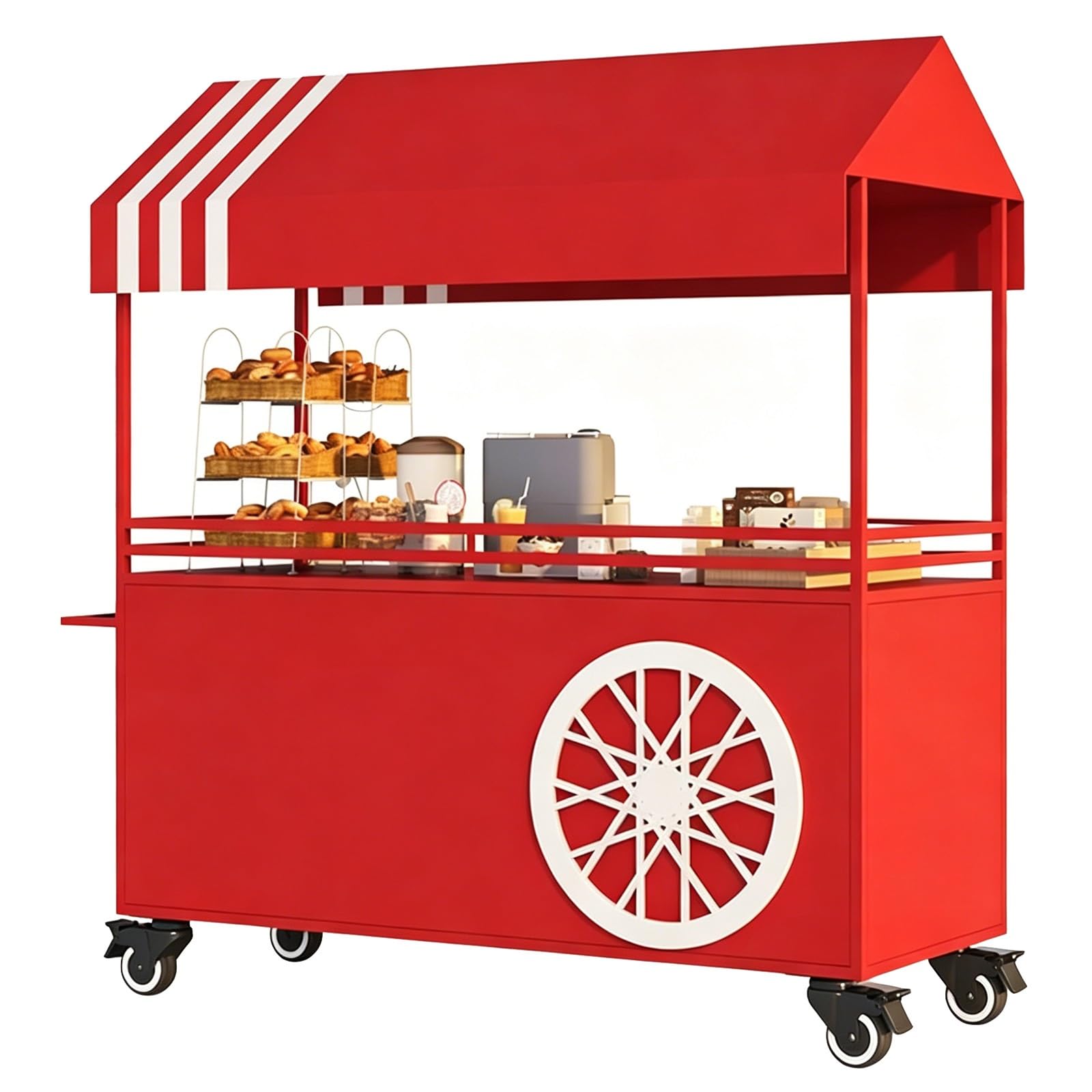 Outdoor Vendor Cart, Iron Market Stand, with Canopy, Lockable Wheels, Handle, Guardrail, for Market, Street Food, Events(Red,120cm/47in)