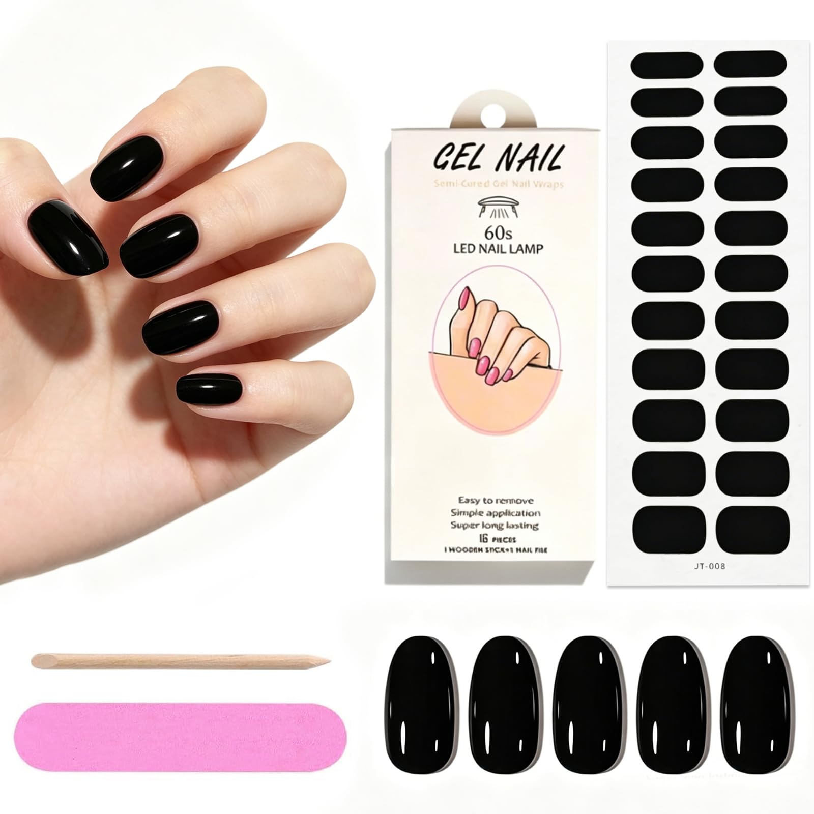 Quidtoyzian Black Semi Cured Gel Nail Stickers, 22Pcs Uv Gel Nail Wraps, Long Lasting Nail Strips, Salon-Quality Diy Manicure, Easy Apply & Remove Nail Art Decoration