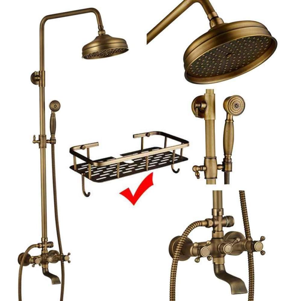 CWCQGH Antique Brass Shower System - Porcelain Ceramic Faucets Set Dual Knobs Mixer Tap Swivel Bath Spout Elegant Shower Column Complete Bath Shower Kit,Antique Brass D02