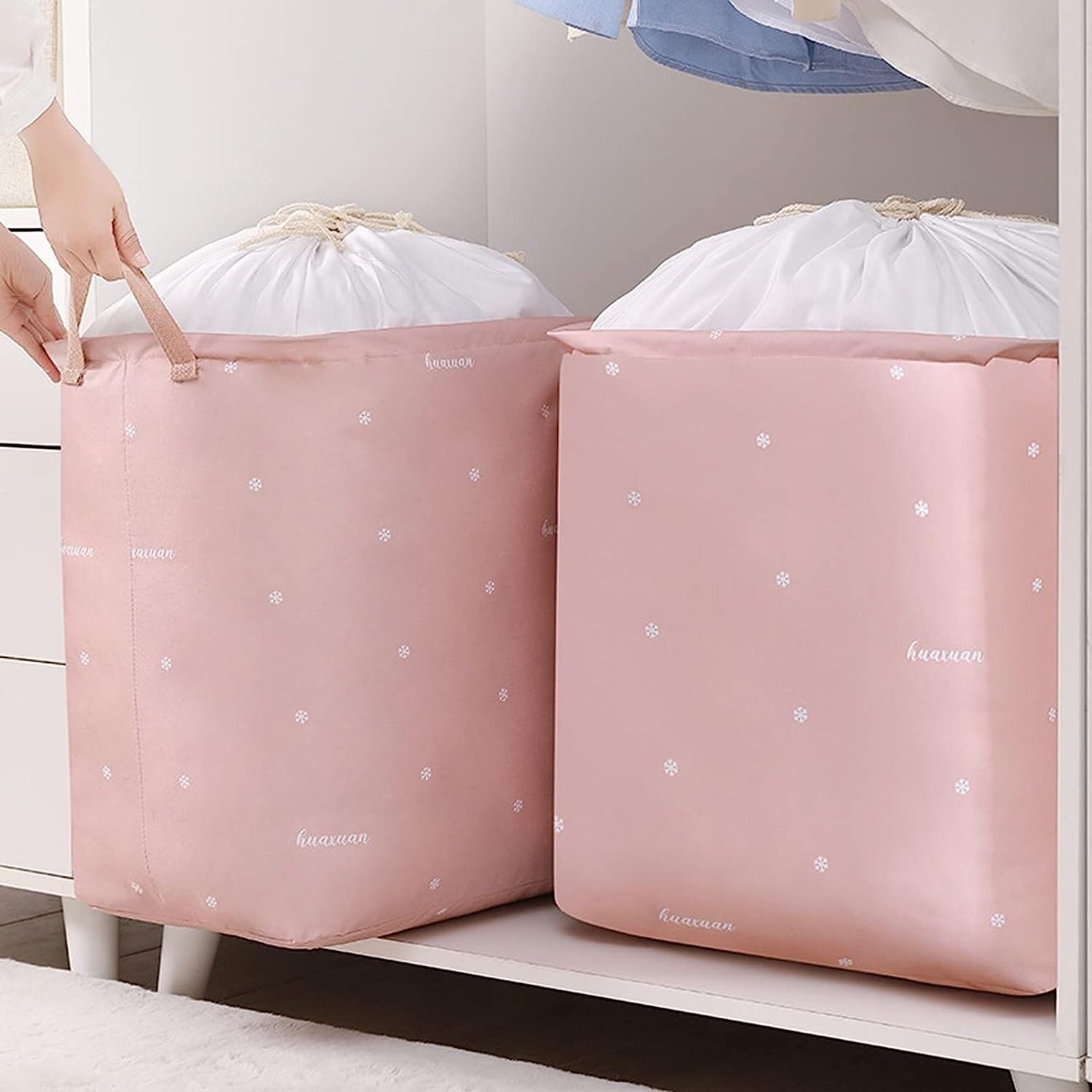 Bolsas Almacenaje Ropa Bolsa De Almacenamiento De Edredón con Asa Reforzada Armario con Cordón Impermeable Organizador Armario para Edredones(G,43 * 33 * 50cm)