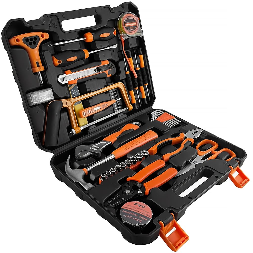 Photo 1 of Professional 158-Piece Home Tool Kit, Orange and Black, Complete Household Repair Set with Carrying Case, Includes Screwdrivers, Hammer, Wrench Set, Wire Cutters, Measuring Tape