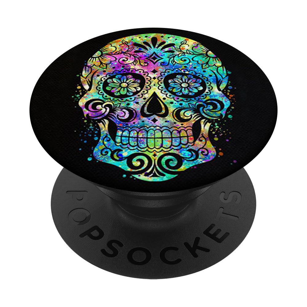 Cool Sugar Skull Mexican Design Colorful Paint Art on Black PopSockets PopGrip: Swappable Grip for Phones & Tablets PopSockets Adhesive PopGrip