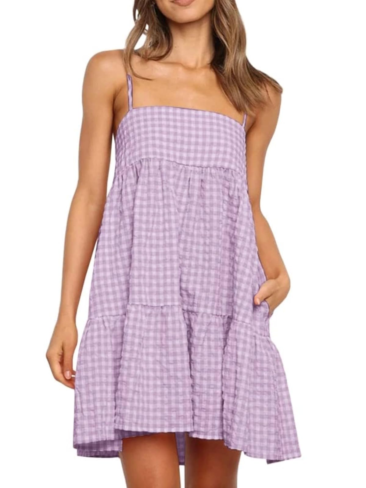 Wenrine Womens Summer Plaid Mini Dress Spaghetti Strap Beach Sundress Global Recycled Standard Global Recycled Standard Global Recycled Standard