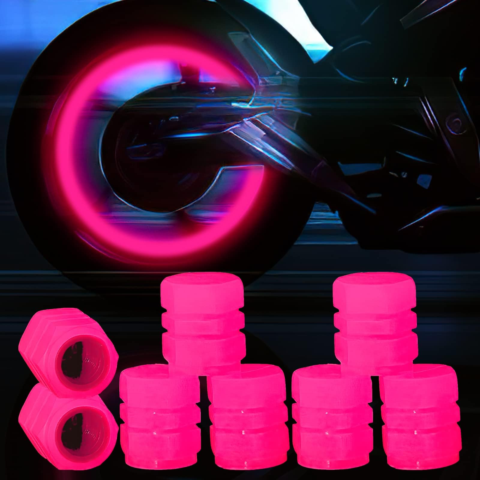 Luminous Valve Caps, 8 Pcs Fluorescent Car Valve Caps, Universal Tire Valve Stem Covers for Car Truck Motorcycles Bike, Pink,(1.2 * 1.6mm)