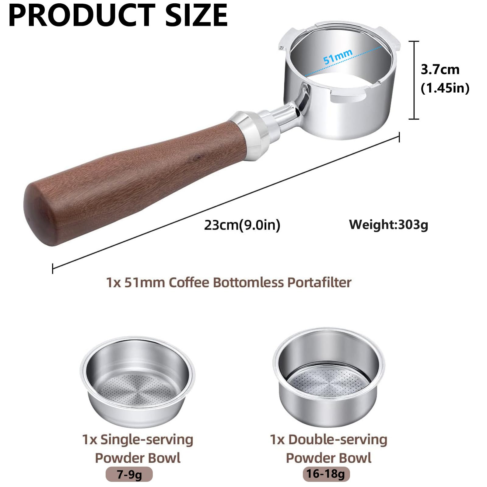 Bezdenny wkład 51 mm, 3 Ears Bottomless Portafilter z Dedica EC680/EC685/EC785/EC820/EC850/EC860, sitko ze stali nierdzewnej z uchwytem z czerwonego drewna kwasowego