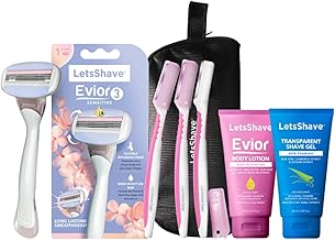 LetsShave Evior 3 Premium Gift Set for Women, 1 Body Razor with Cartridges (Pack of 2) + 3 Face Razors + Transparent Shave Gel 30ml + After Shave Body Lotion 30ml & Travel Pouch, Complete Women Shaving Kit