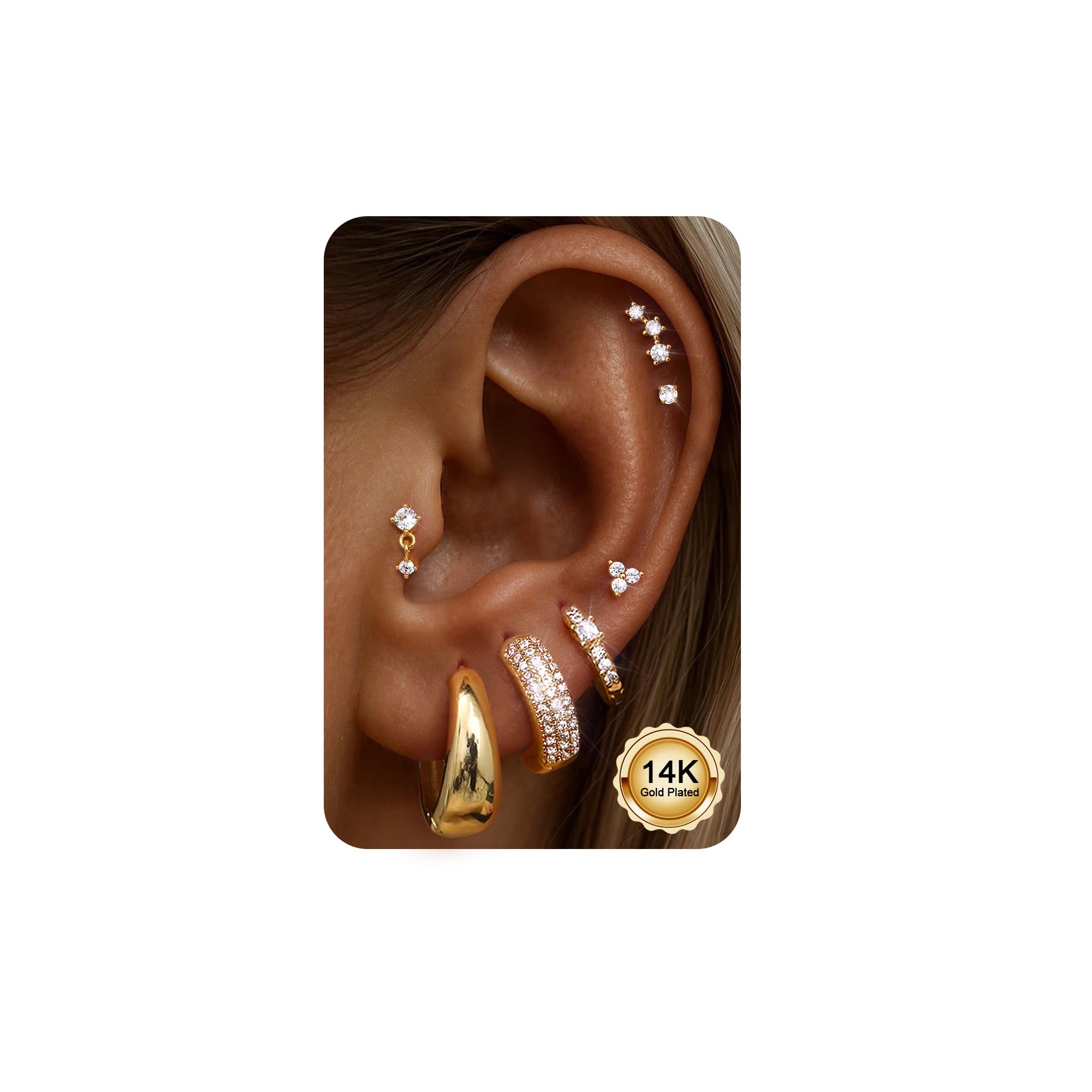 CASSIECA 7 par kolczyków damskich ze stali chirurgicznej, kreolki, płaskie, zamknięcie do wielokrotnego piercingu, 14-karatowego złota, tragus, piercing do ucha
