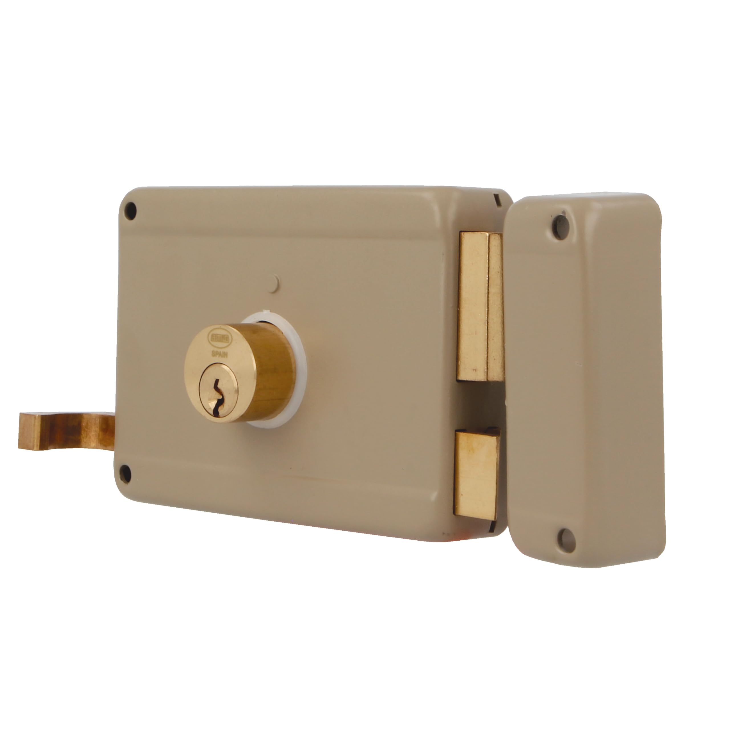 Amig - Serratura a Soprapponere Destra con leva di Chiusura, Linguetta e Maniglia per Porte in Legno Mod. 78 | 120 x 85 mm | Chiavistello con Cilindro Rotondo a Dente di Sega | Acciaio Beige