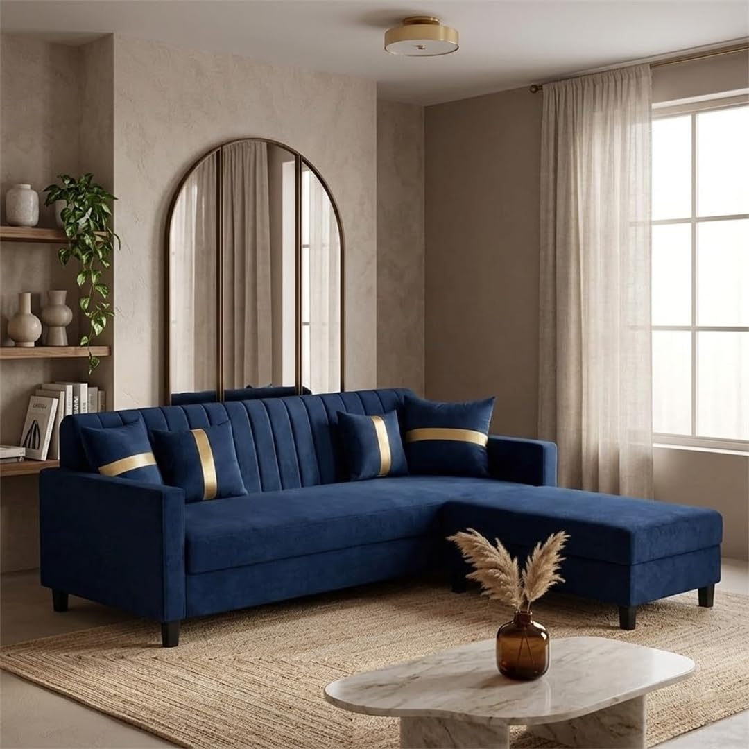CASASTYLE Korion 4 Seater L Shape Sofa Set with Movable Ottoman | Flexible Left or Right Layout | Cozy Velvet Fabric | Soft Touch Seating | Modern Designer Sofa for Living Room (Dark Blue)
