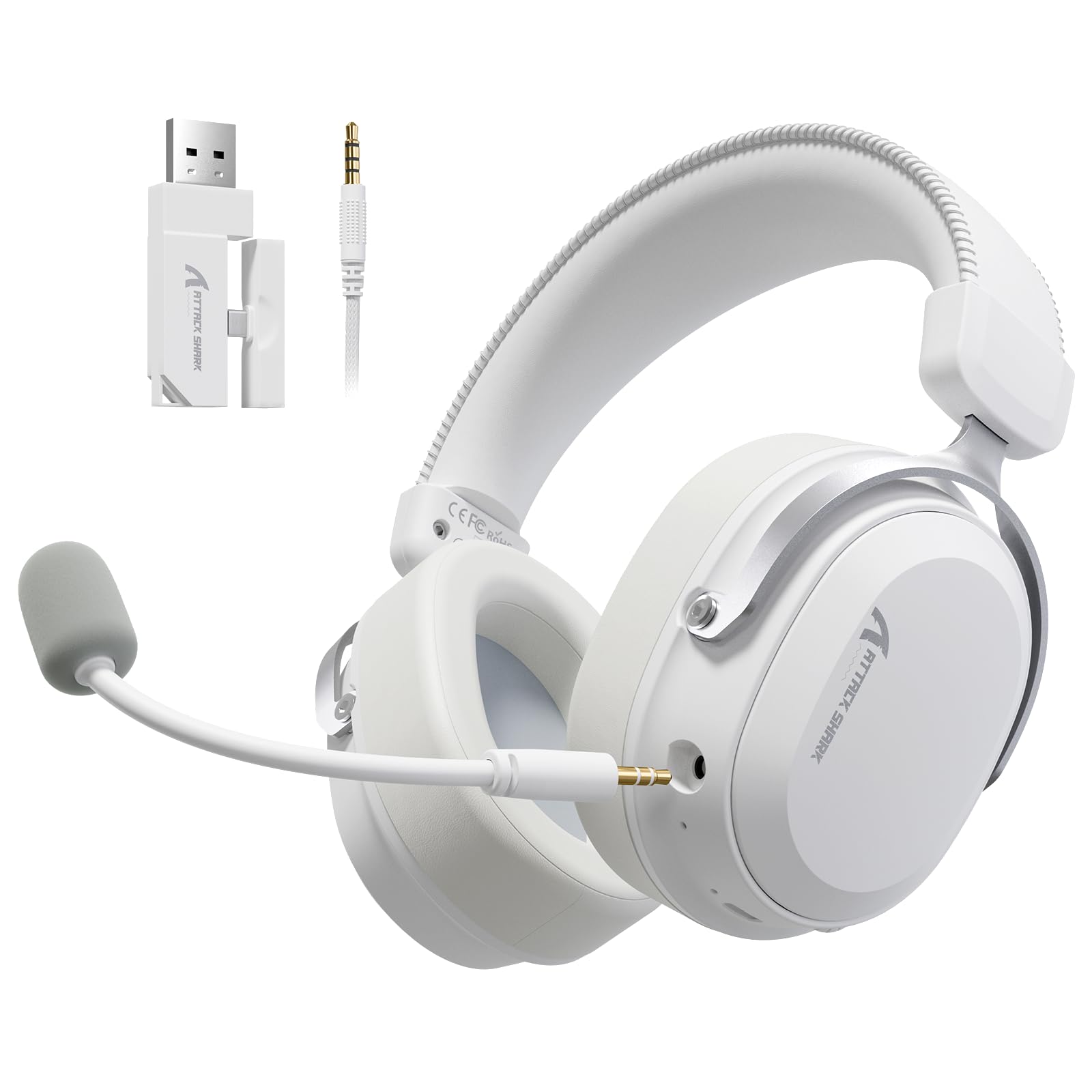 ATTACK SHARK L30PRO Wireless Gaming Headset, 7.1 Surround Sound 50mm Bio-Treiber, 3-Modus 2.4G/BT 5.3/Kabelgebundene Kopfhörer mit Abnehmbarem Mikrofon für PC/PS/Switch, 84H Spielzeit-Weiß