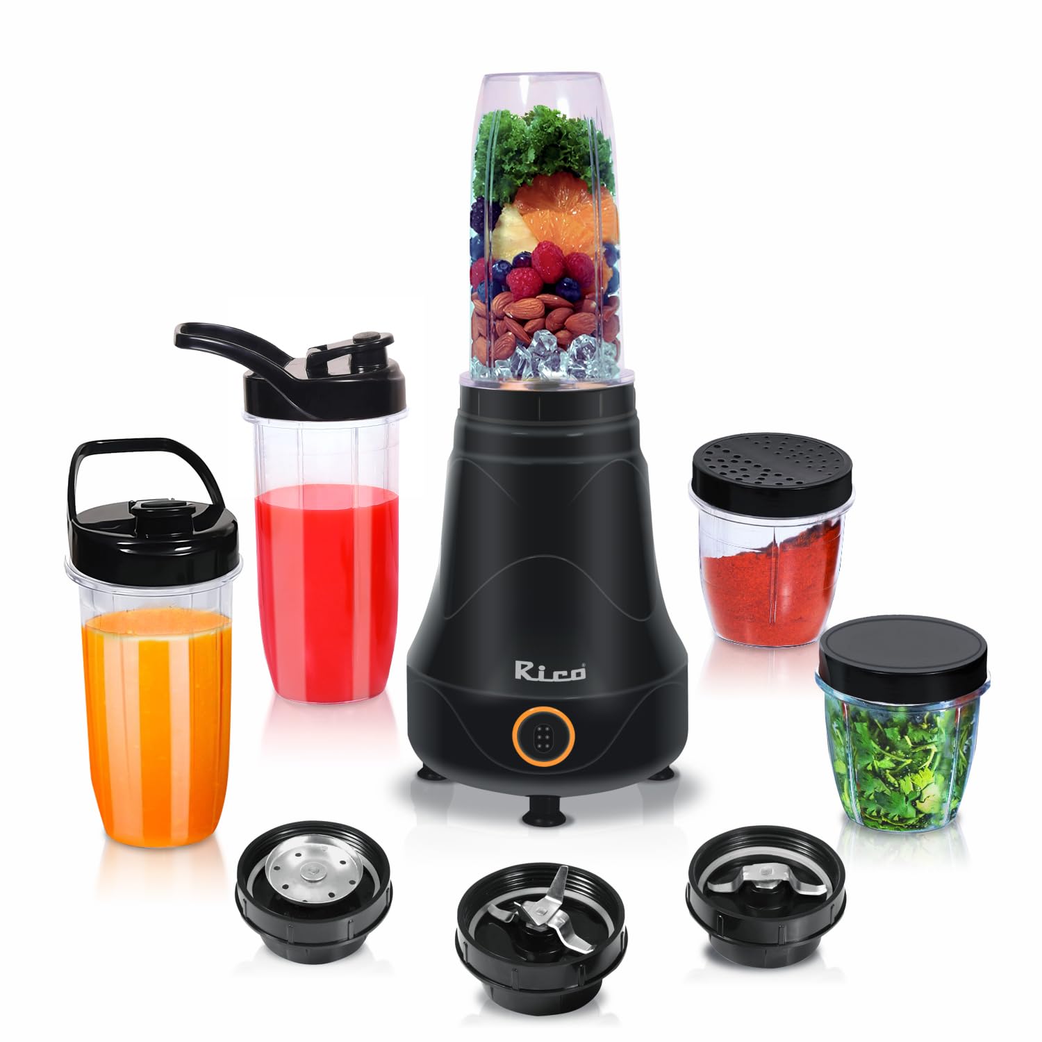 Rico 400W Blender made with Japanese Technology for Smoothie & Juices | Bullet Mixer Grinder with 5 Unbreakable Jar for Kitchen | Juicer Machine with 3 Blade Options