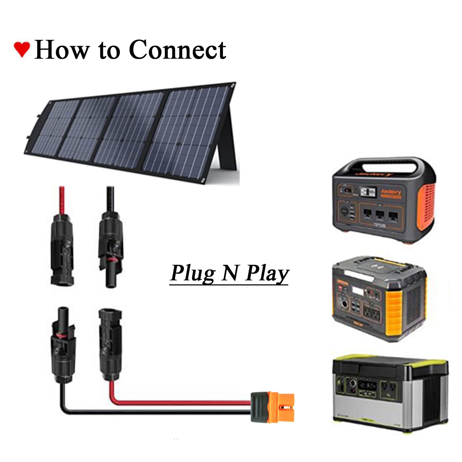 Kit de panel solar de 12 AWG de 50 pies, cable de carga a conectores XT60i, adaptador para estaciones eléctricas portátiles, generadores solares (12AWG 50FT)