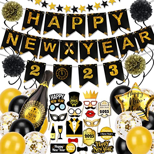 DPKOW 2023 Decoraciones para Fiestas Fin Año,Feliz Año Nuevo en Oro Pancarta y 20 Globos,Remolino Colgante Negro y Año Nuevo Fotomatón Accesorios para Fin Año Fiestas Decoraciones 2023 Cover