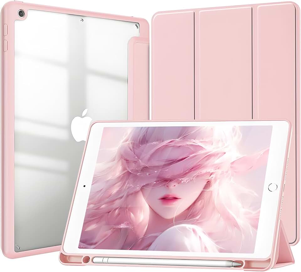 Capa para iPad 10.2 polegadas 9ª e 8ª e 7ª Geração 2021 e 2020 e 2019. Capinha iPad 10,2 Protetora Fina Capa Traseira Transparente Proteção com Suporte para Lápis - Rosa
