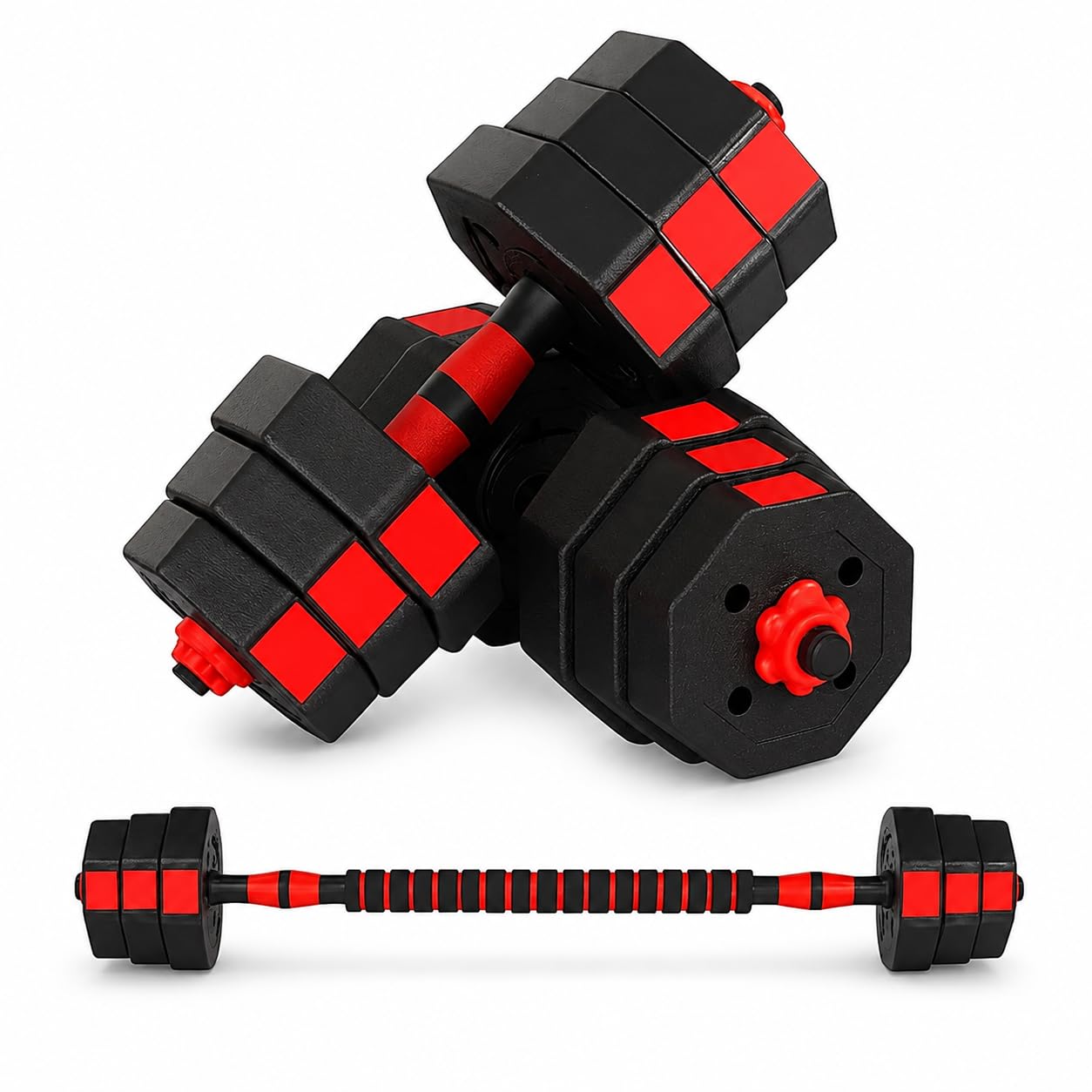 Adjustable Dumbbell & Barbell Set 10–50kg with Connecting Bar, Anti-Slip Handles and Spinlock Collars, 2-in-1 Weight Lifting Set for Home Gym Strength Training (Red, 40kg Octagonal)