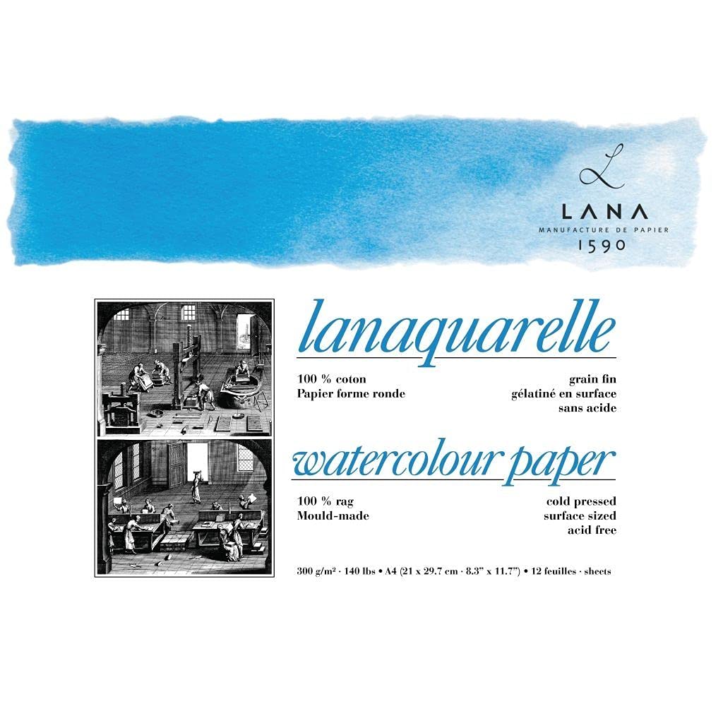 Artists' Watercolour - Lanaquarelle - A4 (21 cm x 29.7 cm) Natural White Fine Grain/Matt Surface/Cold Press 300 GSM Paper, Short Side Glued Pad of 12 Sheets