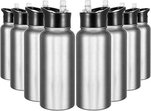 Miniatura 36 de Paquete de 8 botellas de agua deportivas de acero inoxidable con aislamiento de 32 oz, botellas de agua con tapa de pajita y tapas de boca ancha,