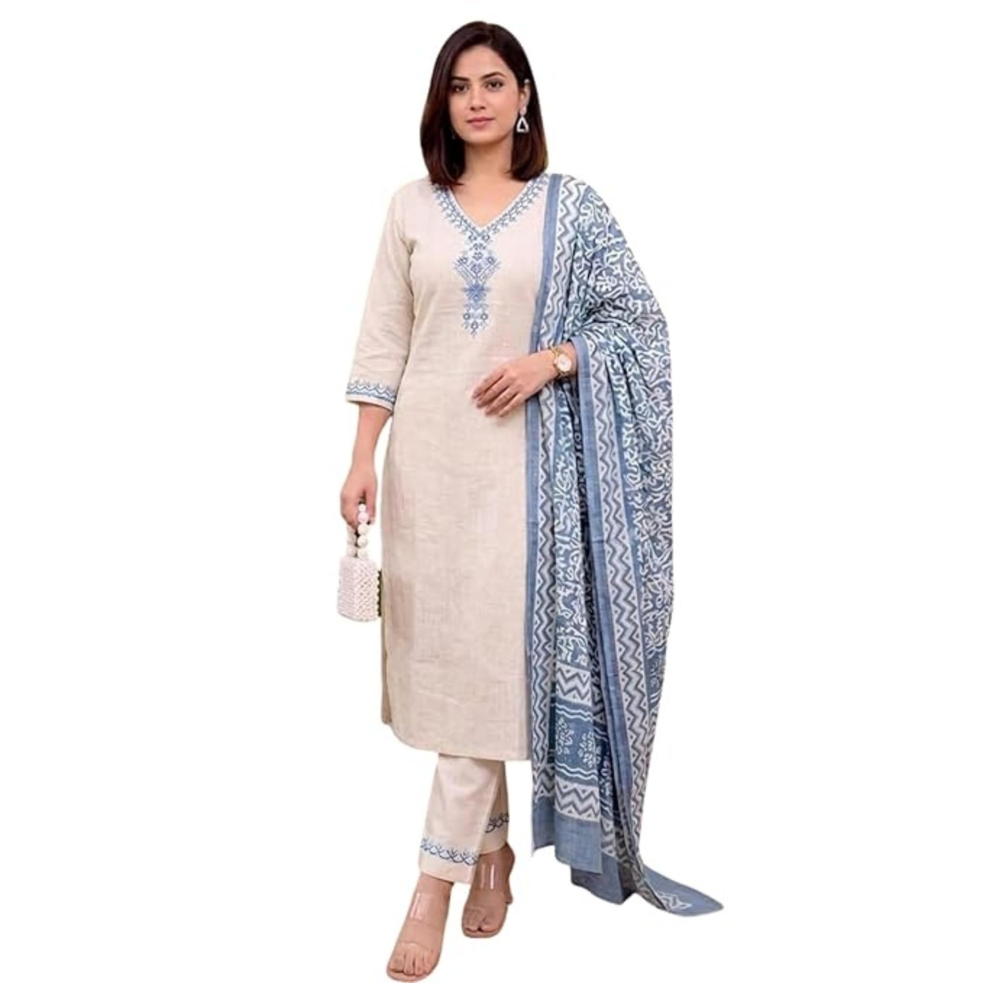 Women Cotton Kurta Pant Dupatta Set Beige Embroidered Ethnic Printed Kurta Set for Women Casual Daily Wear Office Wear Straight Kurta Set-picture-17