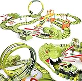 Dinosaurier-Rennstrecken-Spielzeugset: Kommt mit 2 Rennwagen, 6 Dinosaurier-Figurenspielzeug und 314-teiligen Schienen (300 armeegrüne flexible Bahngleise, 2 stimmliche Dinosaurierköpfe, 1 360-Grad-Schleife, 1 automatischer Drehteller, 1 Bogenbrücke, 1 Tür, 1 Y-Gleis, 1 X-Gleis, 4 Bäume und 2 Batterieboxen) in einer schönen Farbbox
