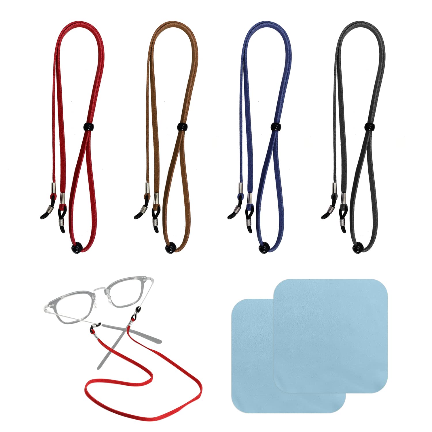 PFLYPF 4 cuerdas de gafas, con 2 piezas de tela de limpieza, accesorios de Flor vieja Gafas, fijador de gafas, cuerda de gafas ajustable, cinturón de gafas de deporte, Unisex, adecuado para el deporte