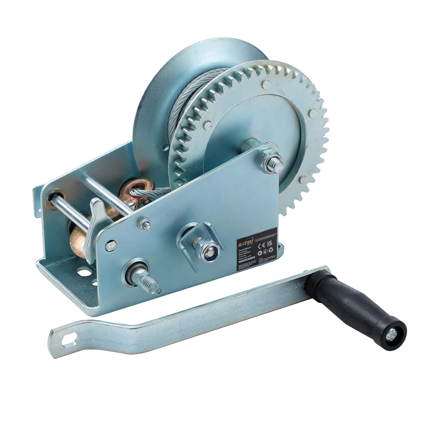 KATSU Tools Cabrestante Manual Pesado 3500lbs 1587kg con Cable de Acero de 10m, Sistema de Engranaje de 2 Velocidades, para Remolques de Coche, Caravana, Barco, Camión y Recuperación 325934
