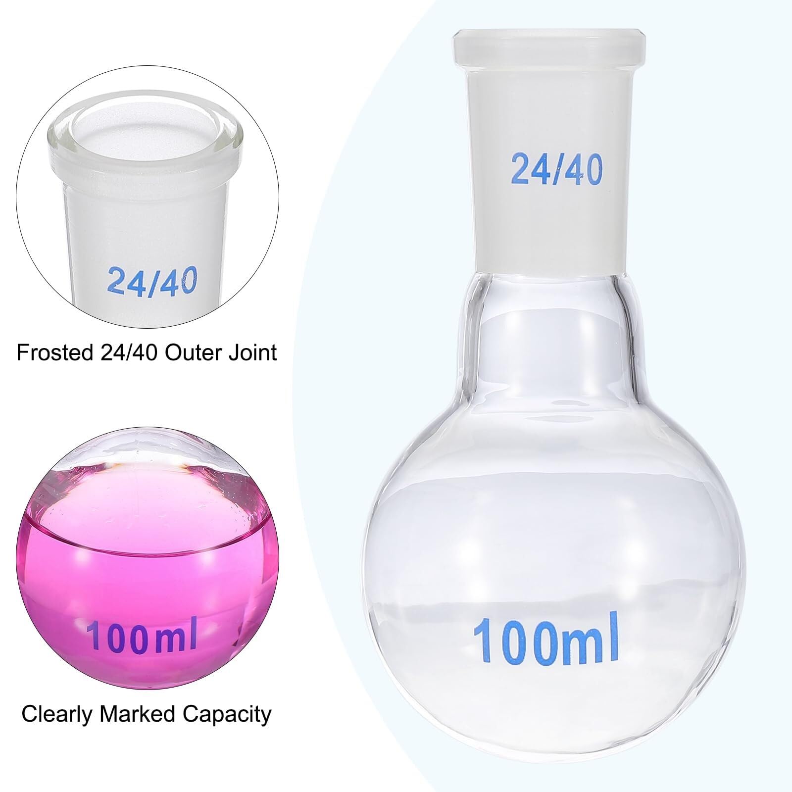 Ballon à Fond Rond 100ml en Verre Borosilicate, avec Joint Rodé 24/40 pour Laboratoire
