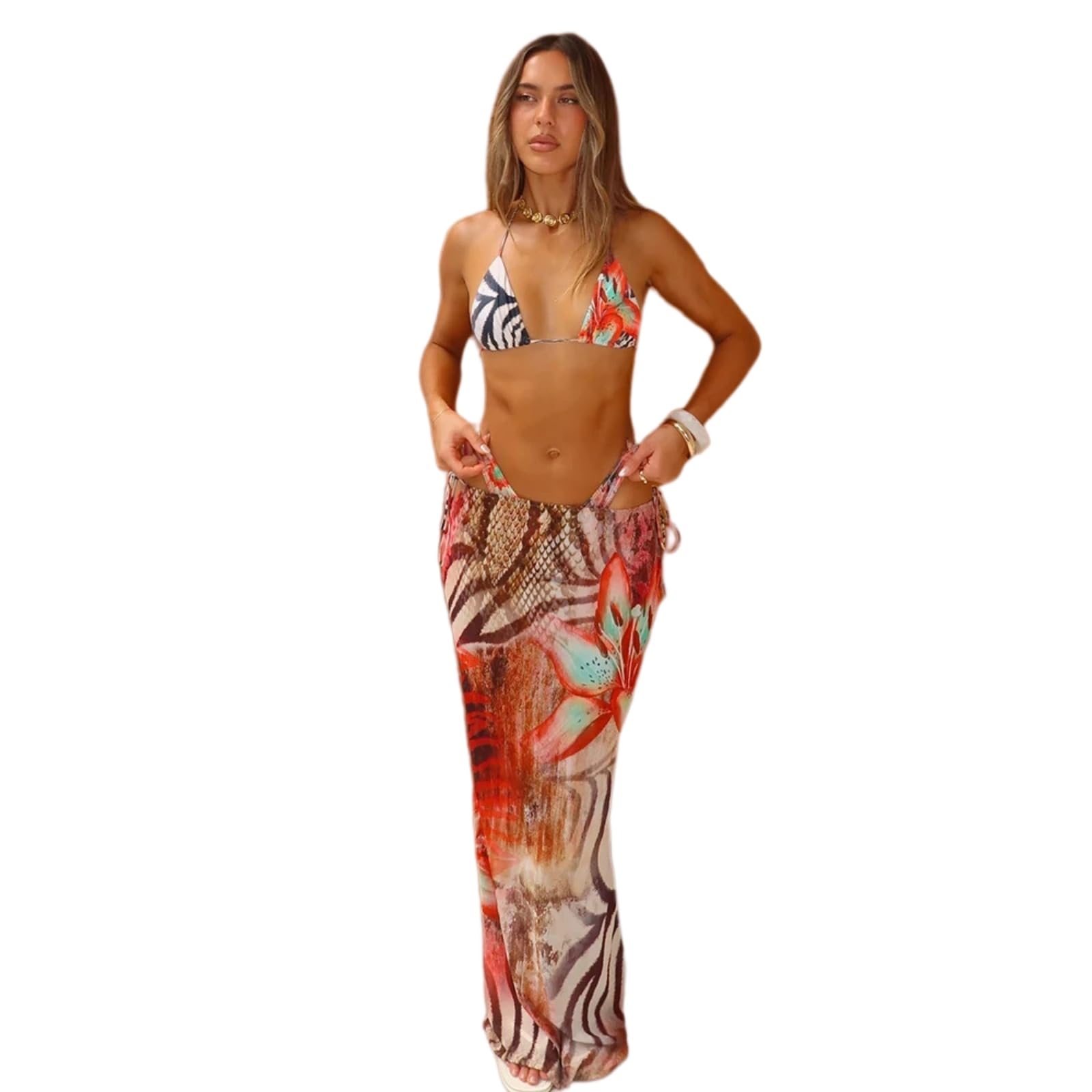 Bikini Donna Stampato 3 Pezzi Set Alta Vita Costume da Bagno Slim Fit Tre con Copertura-bl-l