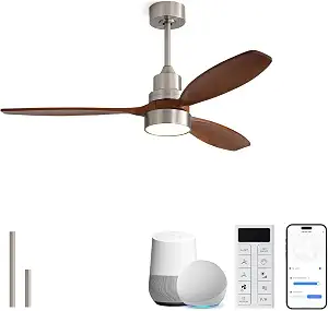 Sofucor 52 Inch Wood Smart Ceiling Fan with Lights, 3 Blades, Brown