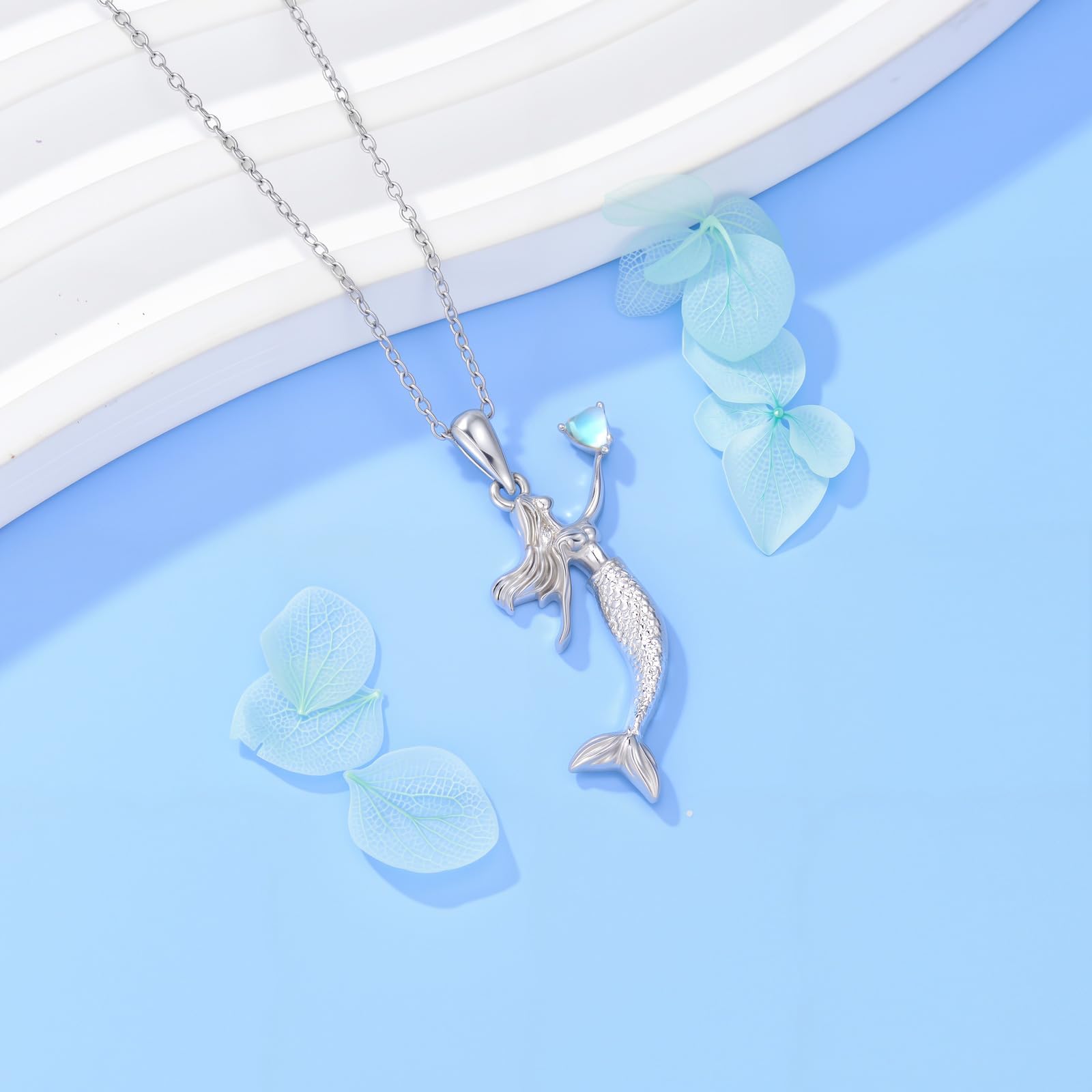 Meerjungfrau-Halskette 925er Sterlingsilber Mondstein Meerjungfrau-Anhänger Schmuck Geschenke für Frauen