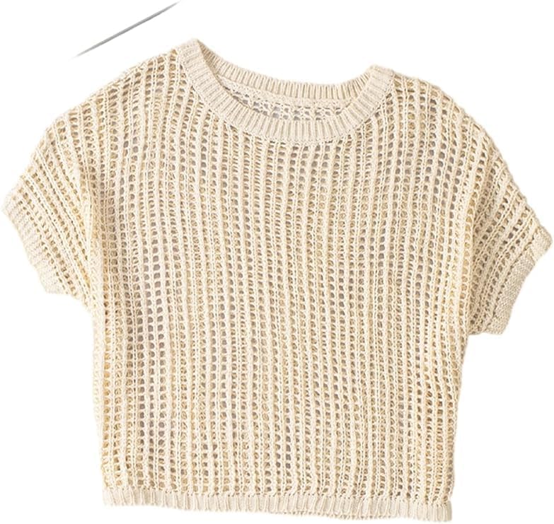 Chvity Women's Summer Crew Neck Short Sleeve Sweater Casual Off Shoulder Tops Hollow Out Crochet Coverups Pullover Knit Tops - Image 8