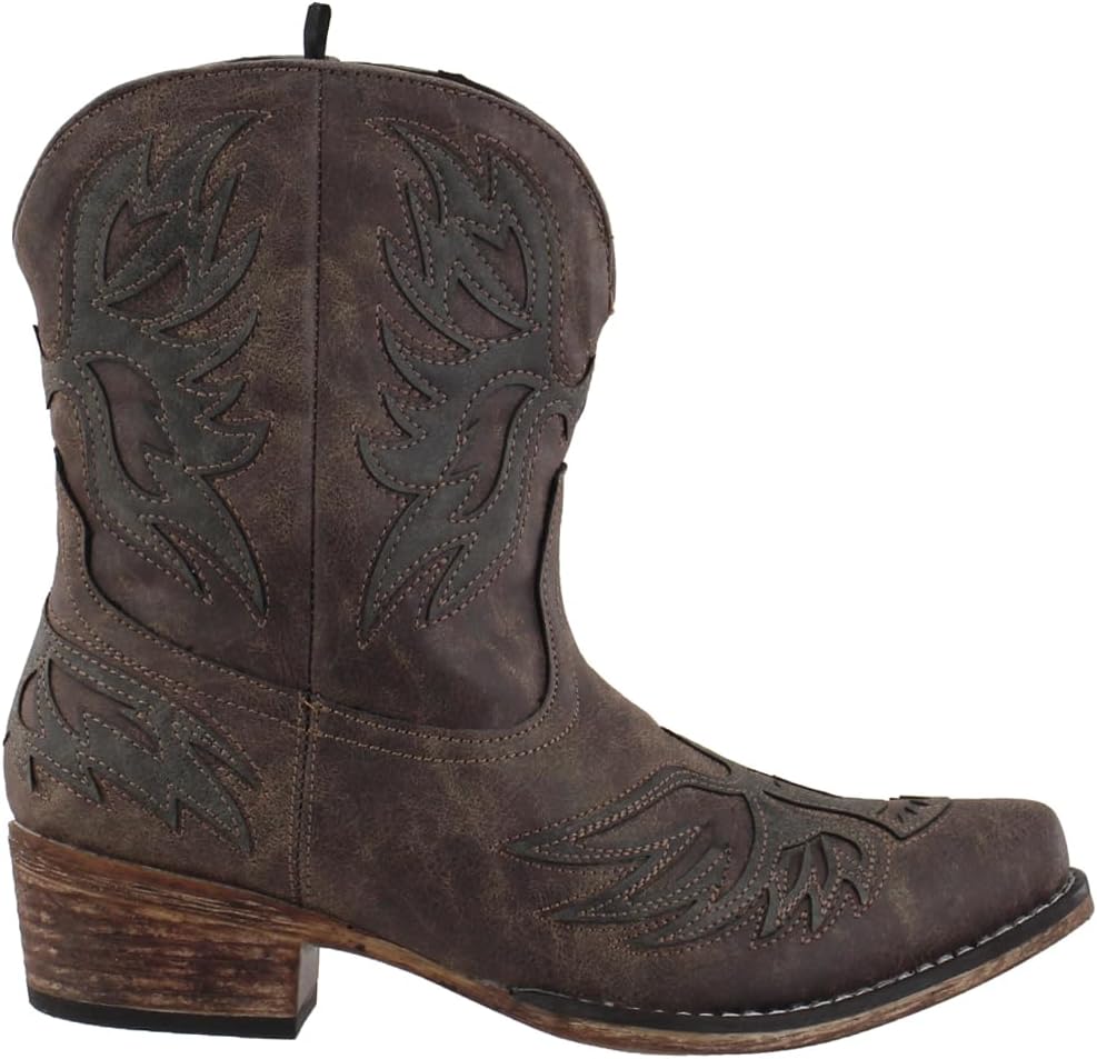 ROPER Womens Amelia Tooled Inlay Snip Toe Casual Boots Ankle Low Heel 1-2" - Brown