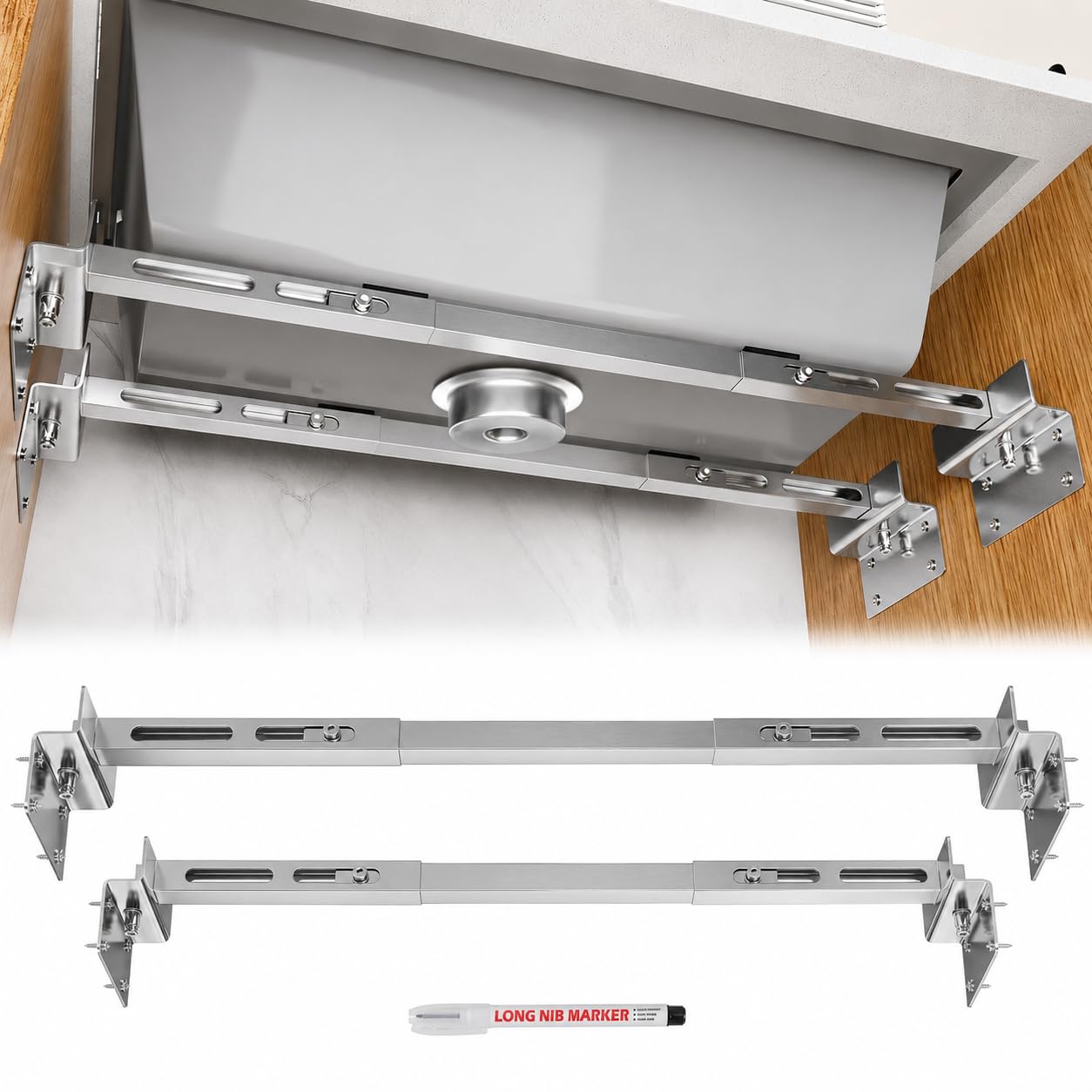 Soporte para fregadero de cocina de 51 a 31.5 in / 80 cm, barra de acero inoxidable ajustable y resistente, kit de fregaderos para cocina, baño, 2 paquetes