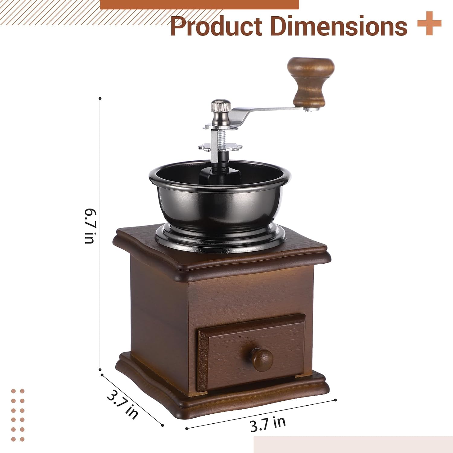 Wood Manual Coffee Grinder, Vintage Style Hand Adjustable Coffee Mill with Ceramic Burr, 3.7 x 3.7 x 6.7 in Iron Handheld Crank Mill Burr for Espresso Drip Home Office Travel