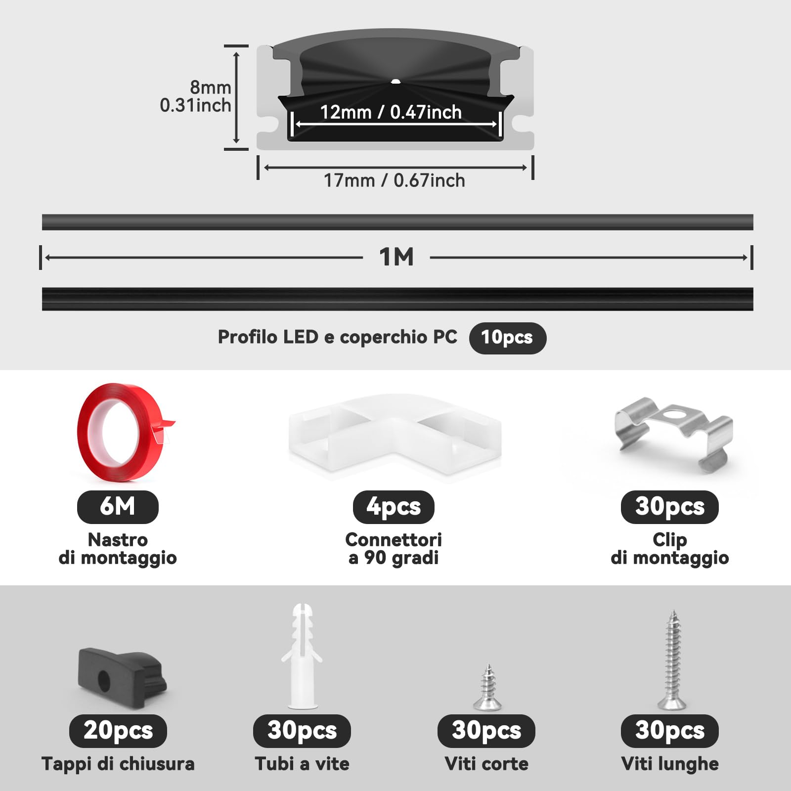 HOMMAND Profilo Alluminio per Strisce LED, 10 x 1m Profili LED Forma a U, Canalina LED e Diffusore Striscia LED, con Connettore Angolare, Nastro Adesivo, Tappi di Chiusura e Clip di Montaggio